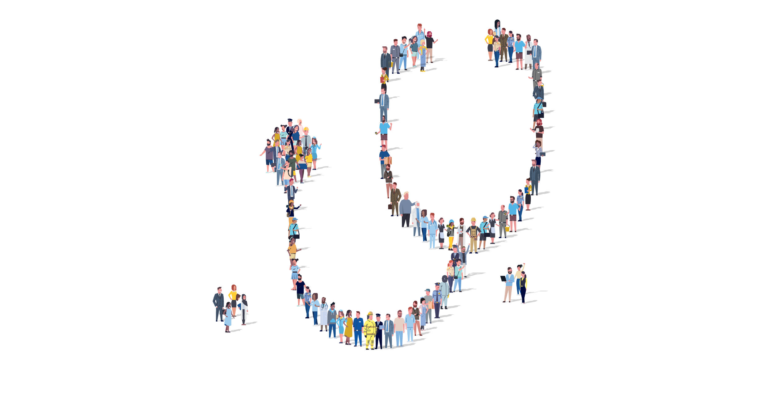 A photo illustration of people standing in a formation that looks like a stethoscope. A few people are standing together out the outskirts.