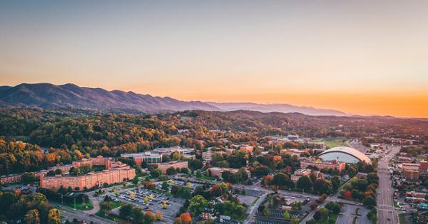 Aerial shot of ETSU's campus at sunset