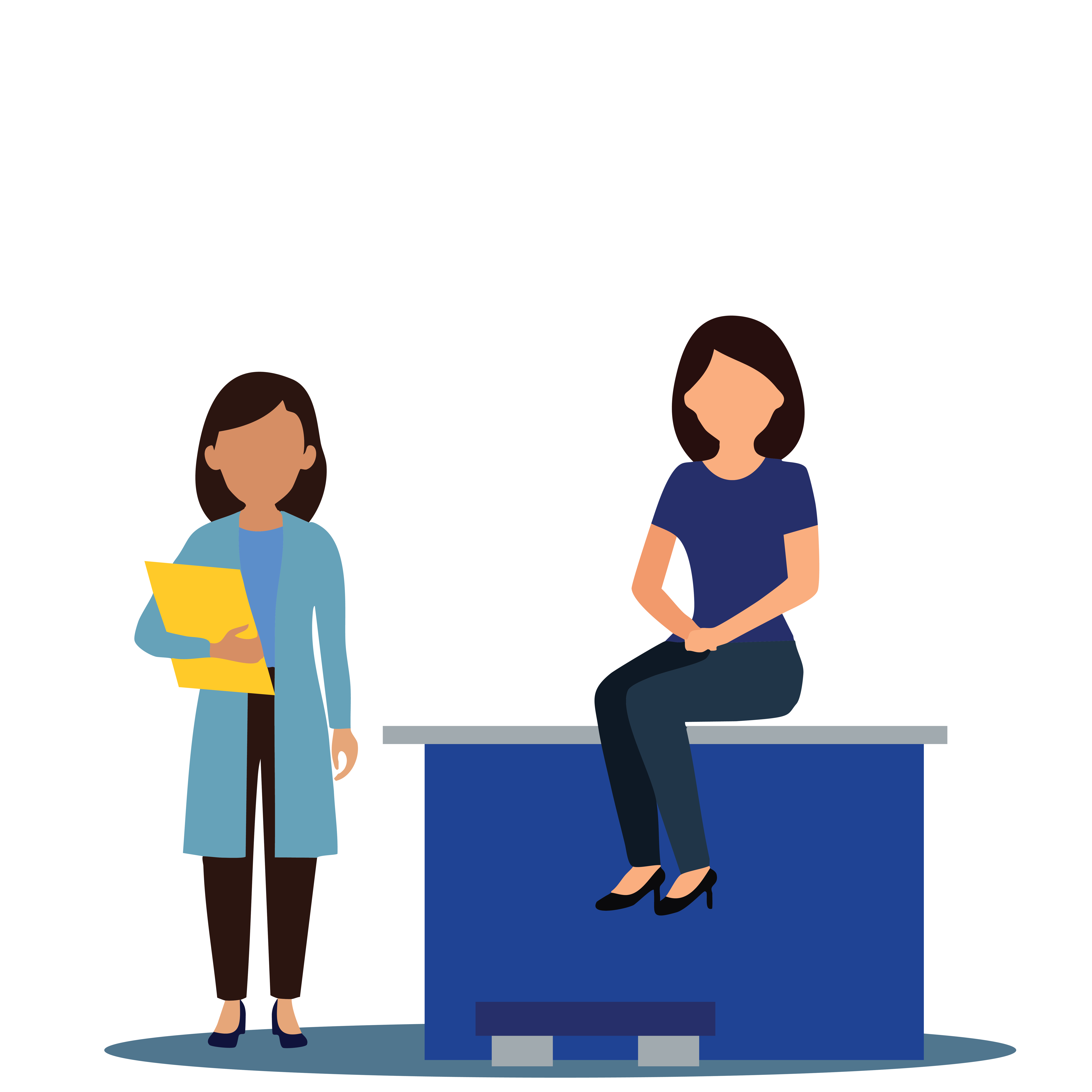 A graphic of a doctor standing by a patient seating on a table for a checkup.
