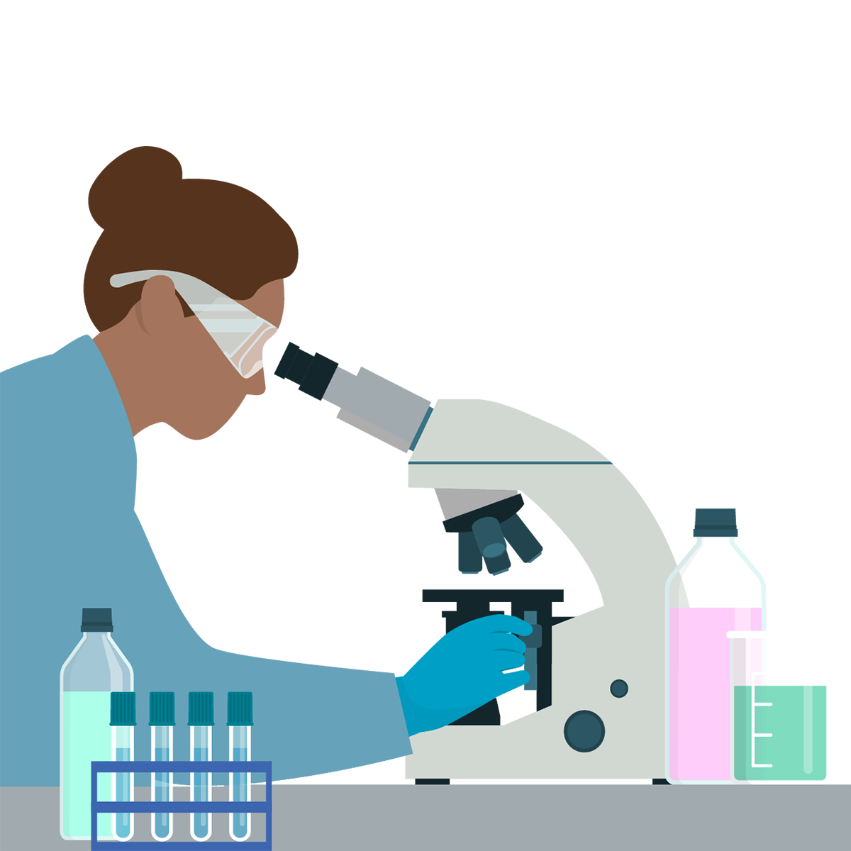 A graphic of a medical professional conducting research using a microscope and lab supplies.