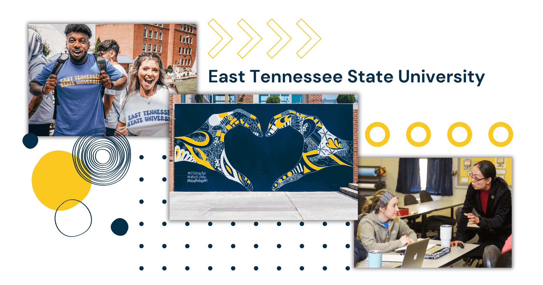 Screenshot of academic catalog landing page. Features three images: 1) two students smiling. They are wearing ETSU shirts. 2) A pained mural of two hands coming together to make a heart. 3) an in-action teaching pose in a classroom. 