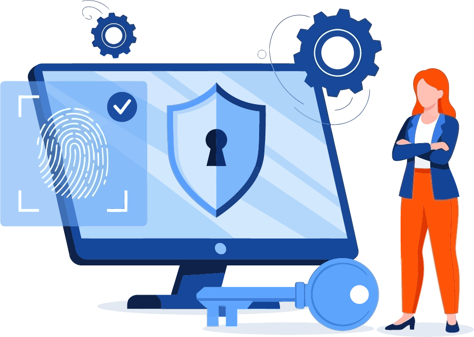 Cybersecurity graphic of a person with standing near an open laptop and a giant lock and key.