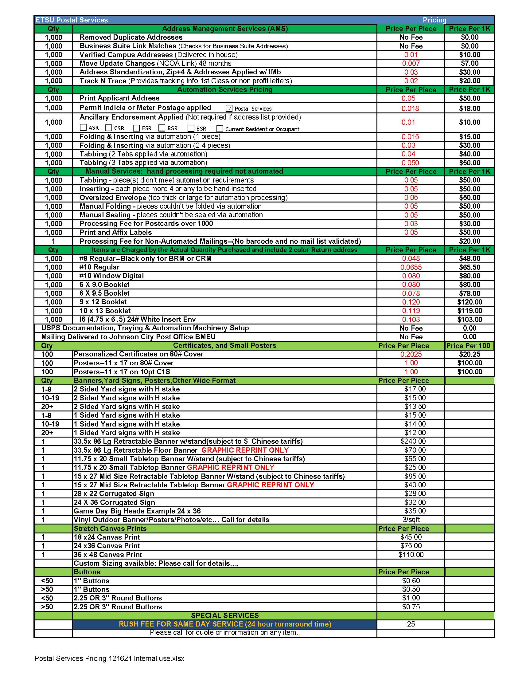 Price sheet