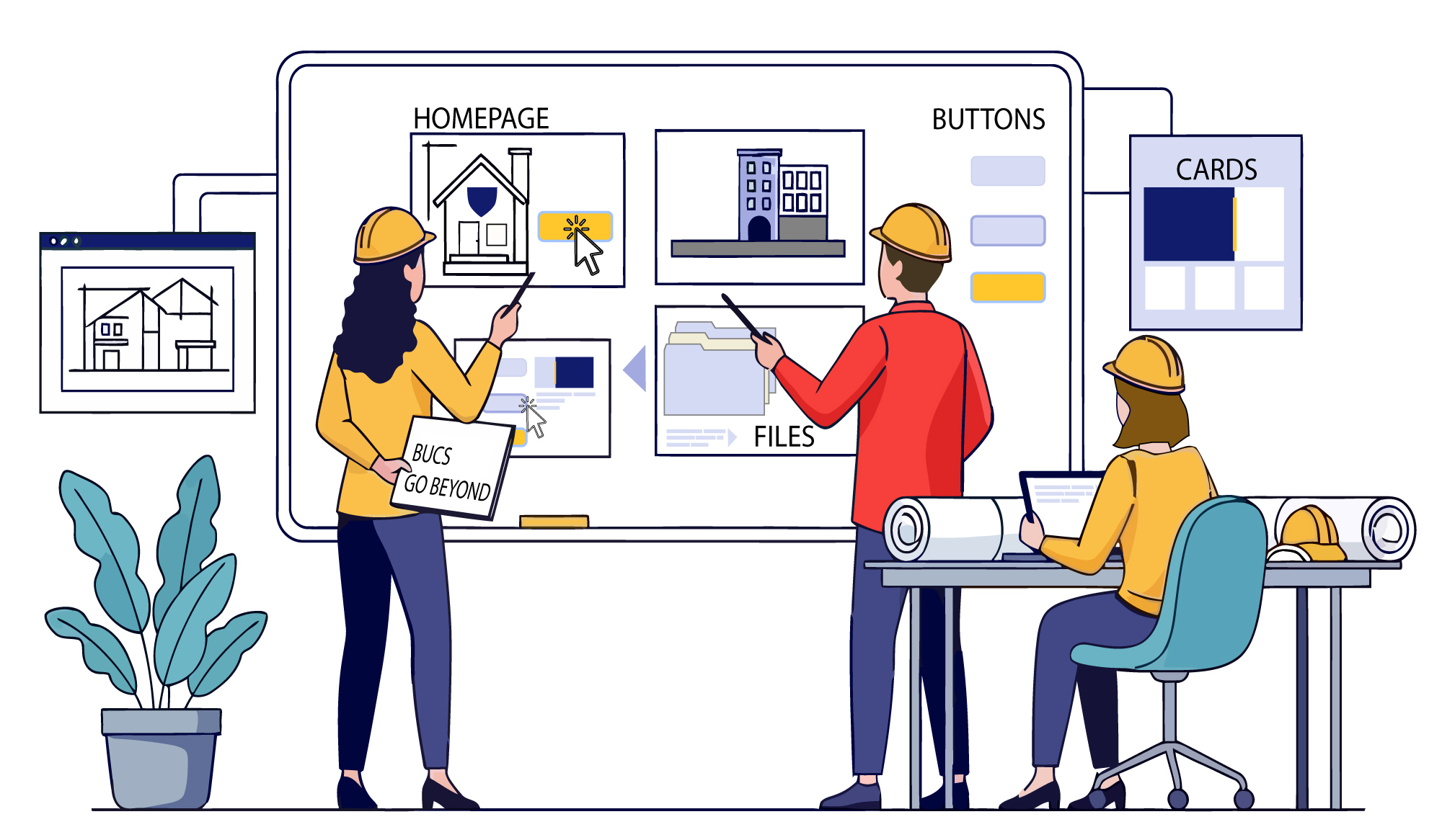 Graphic of the web team looking at blueprints of the website as buildings.