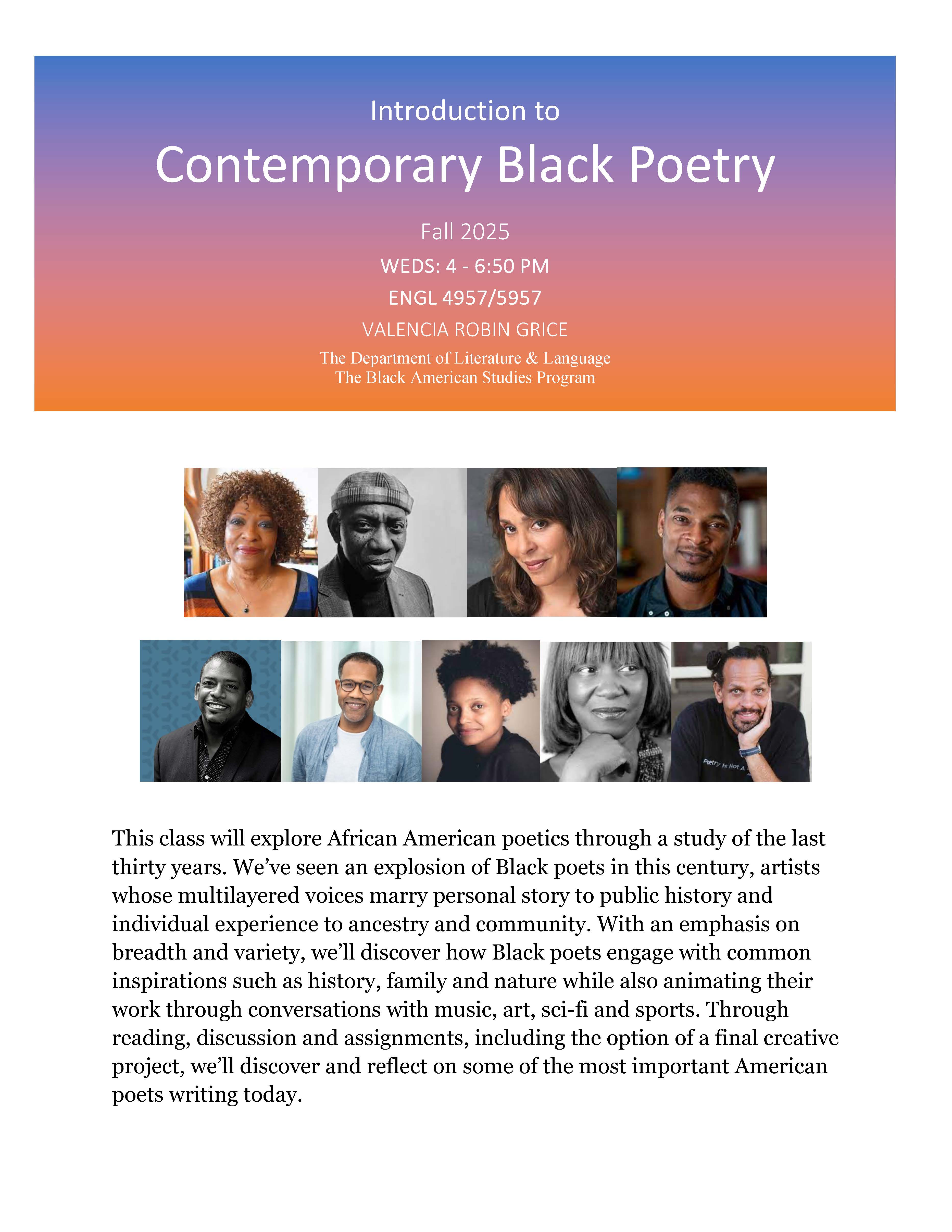 ENGL 5/4957 Course Flier with photographs of notable Black poets and course information detailed in the commentary above.