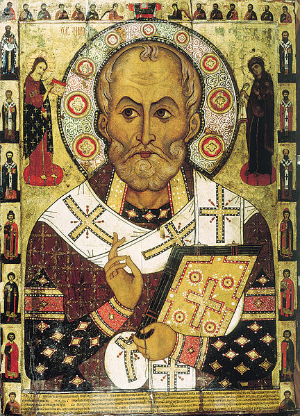 St. Nikolas icon from the Lipnya Church of St. Nicholas in Novgorod.  Public domain image.
