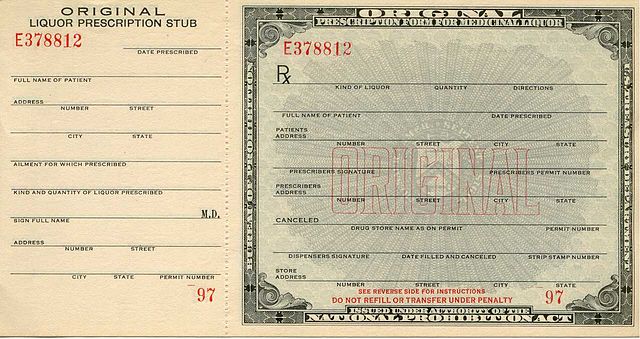 Prohibition Era Government Prescription form for Medicinal Liquor.  Public Domain Image.
