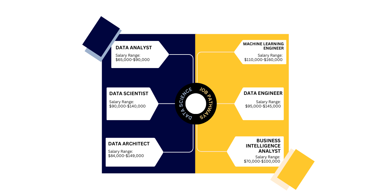 This graphic showcases the various job roles and salaries available in data science fileds.