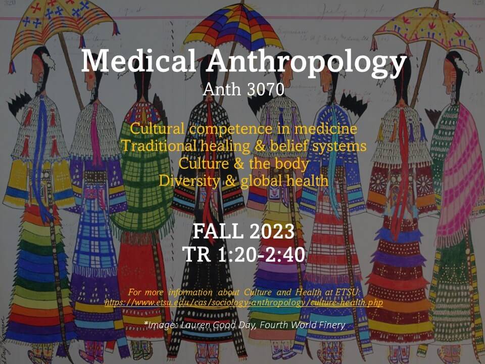 background image: a stylized drawing of 8 indigenous women in brightly colored outfits of various prints. Three of them hold umbrellas, 5 hold feathered hand fans. Text: Medical Anthrpologgy; ANTH 1070; cultural competence in medicine; traditional healing & belief systems; culture & the body; diversity & global health; FALL 2023; TR 1:20-2:40; for more informationa bout culture and health at ETSU: https://www.etsu.edu/cas/sociology-anthropology/culture-health.php; *image: Lauren Good Day, Fourth World Finery.