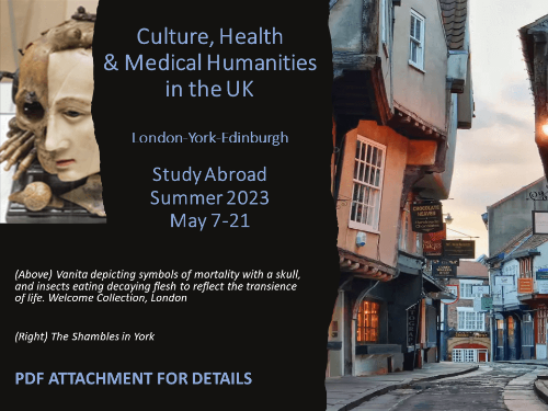 On the left, an image of a skull with half a flesh face; on the right, an image of a winding, Elizabethan England road, "the Shambles." Text: Culture, Health, & Medical Humanities in the UK; London-York-Edinburgh; Study Abroad Summer 2023 May 7-21; (above, left image) Vanita depicting symbols of morality with a skull, and insects eating decaying flesh to reflect the transcience of life. Welcome collection, London; (right, image) The Shambles in York; PDF Attachment for Details