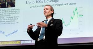 Trainor speaking at the 2026 Appalachian Highlands Economics Forum on cryptocurrency leverage