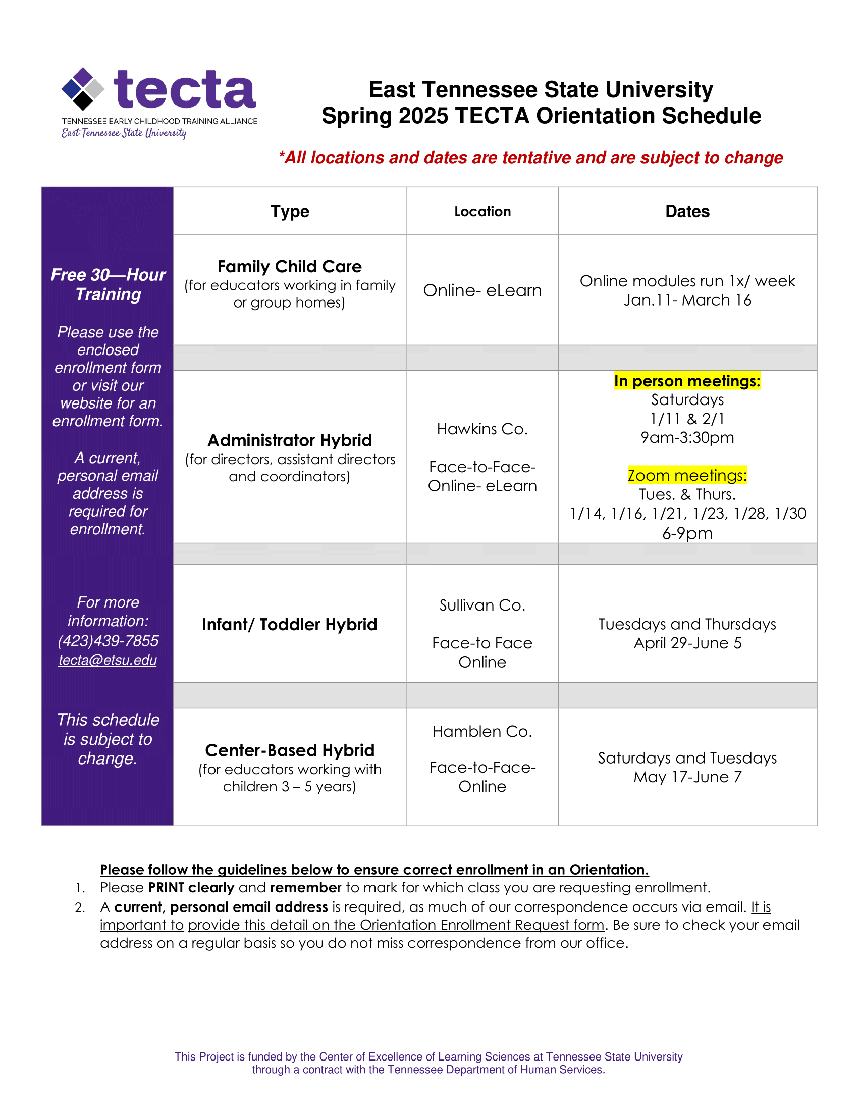 Spring 2025 Semester Orientation Schedule