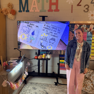 Woman smiling standing infront of electronic board in elementary classroom. 