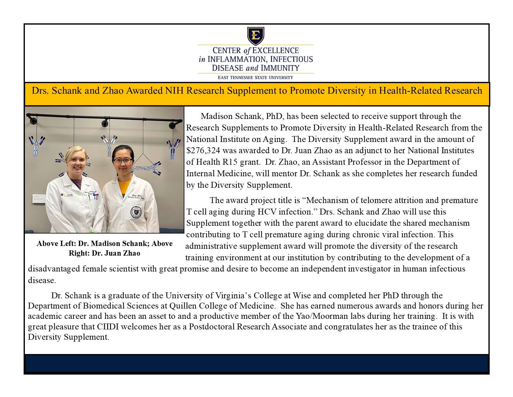 image for Drs. Schank and Zhao Awarded NIH Research Supplement 