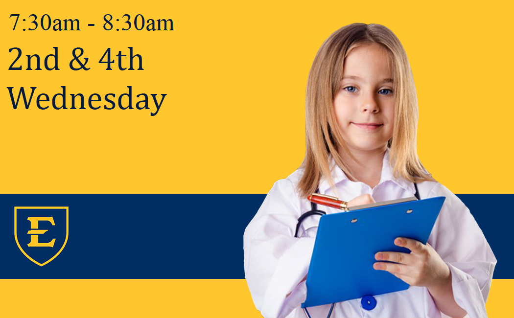 Promotional graphic with yellow and blue background reading ‘7:30am–8:30am, 2nd & 4th Wednesday.’ On the right, a young child wearing a white lab coat and stethoscope holds a blue clipboard. An ‘E’ shield logo appears on the left.