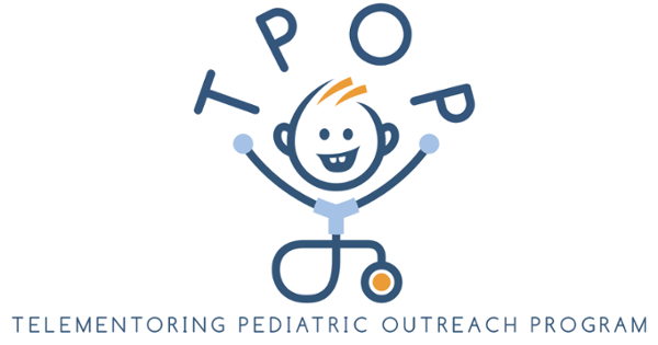 A cartoon of a child with it's arms in the air holding up the TPOP letters.Telementoring Pediatrics Outreach Program 