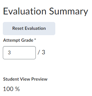 Grading Feedback options for an attempt (reset evaluation, attempt grade, and student preview)