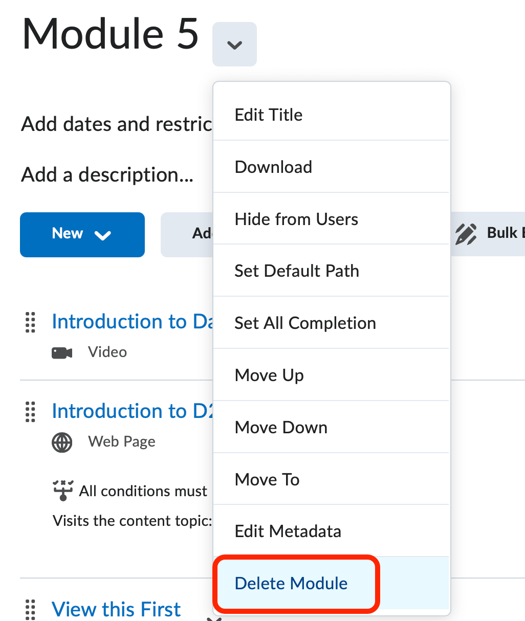The module context menu with delete module selected at the bottom