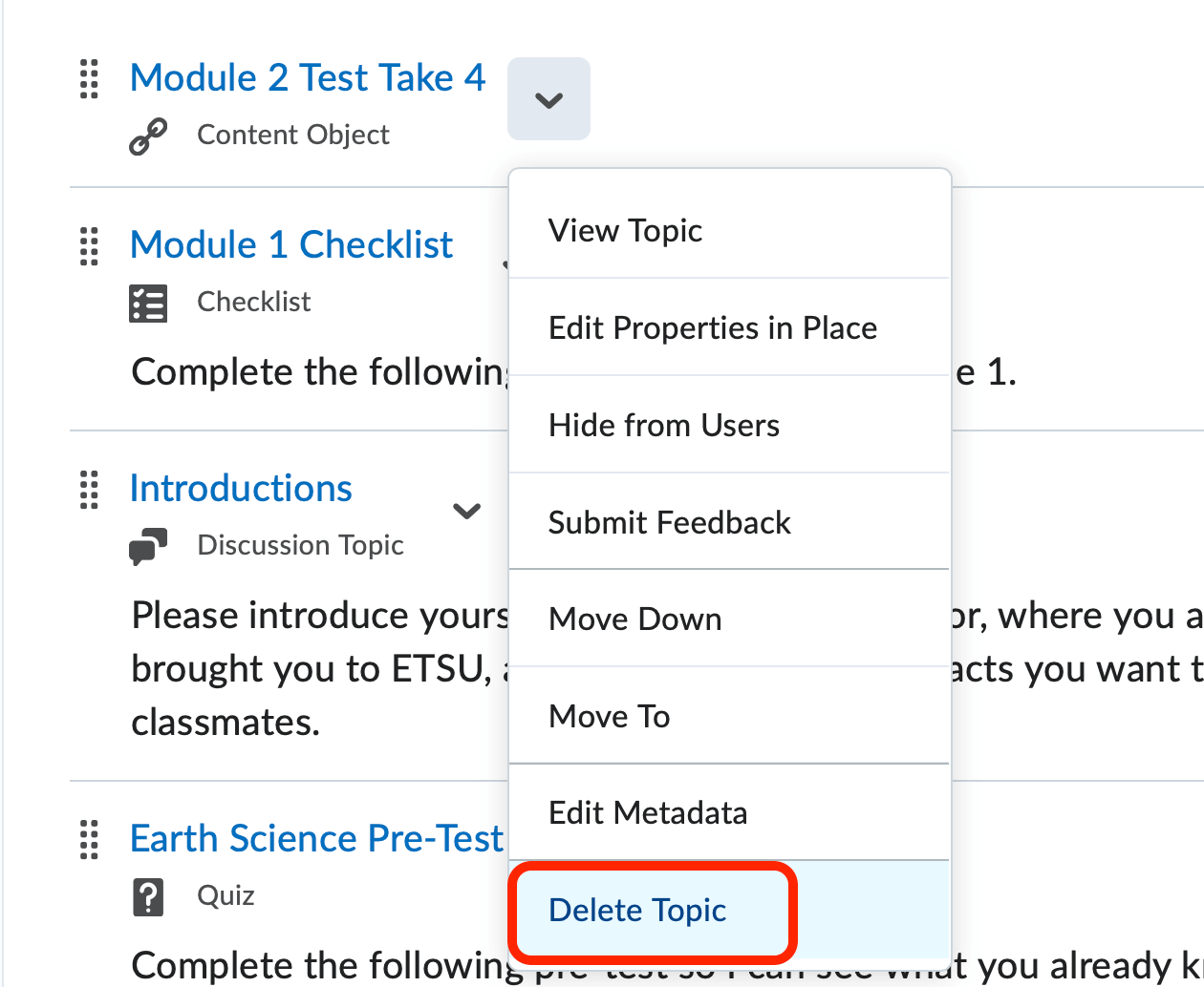 The topic context menu with delete topic selected at the bottom