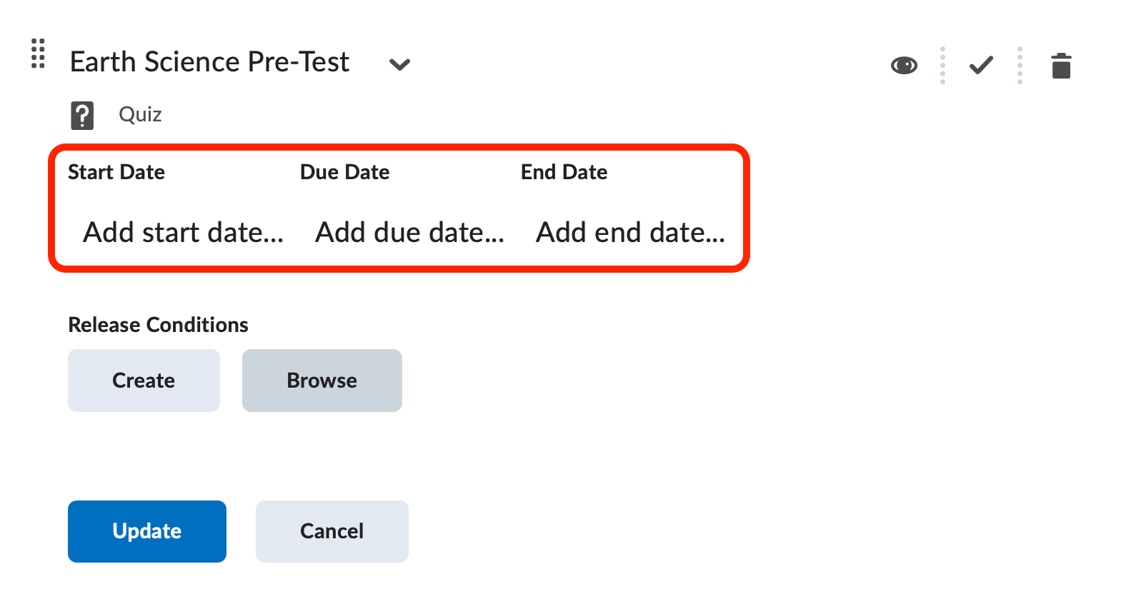 A topic's properties with the add date options selected (start, due, and end date)