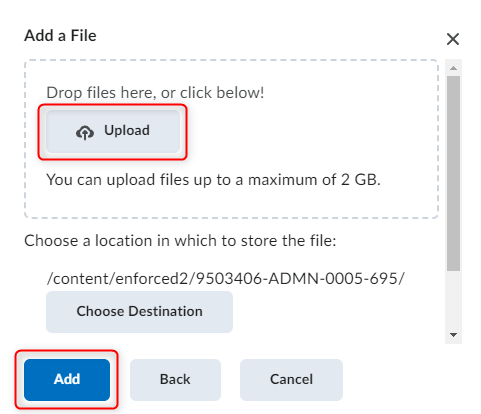 upload files button in the add a file field with the upload and add buttons highlighted