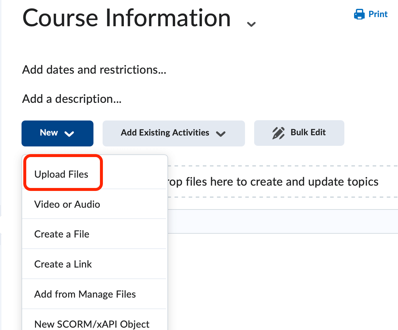 The new button expanded with upload file option highlighted
