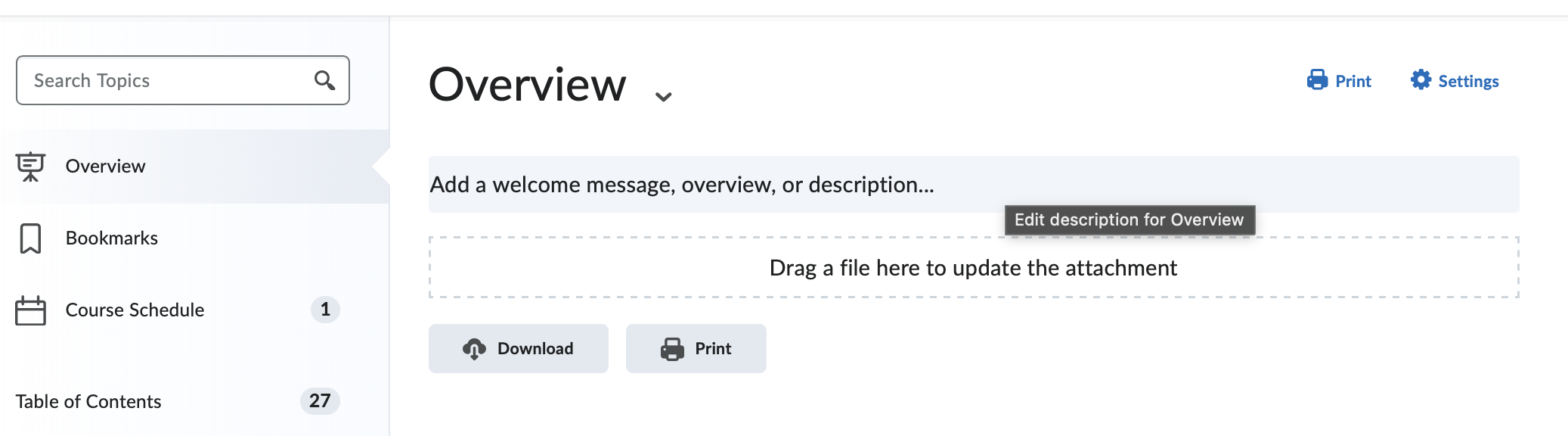The Content Overview page where you click to add a Welcome Message