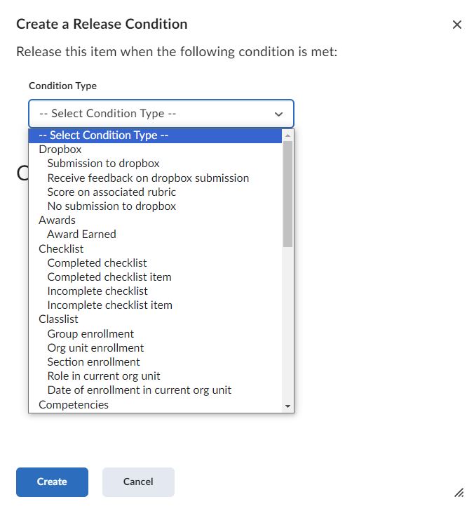 Image of the Create a Relase Condition popup window with the condition type dropdown menu expanded.