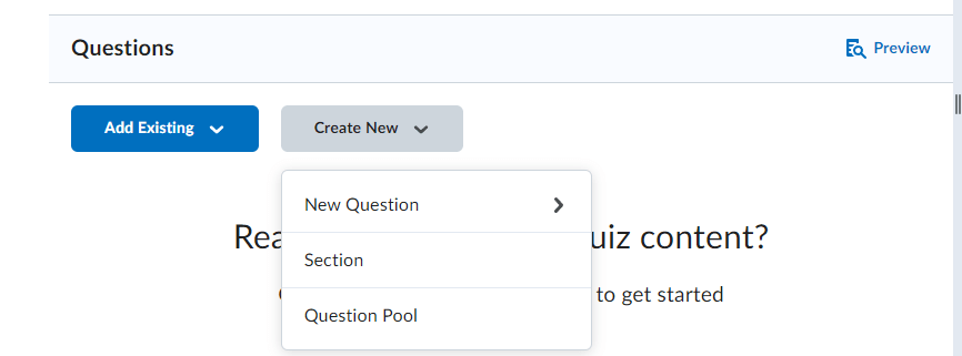 Image of the add existing and create new Questions button on the Edit Quiz page.