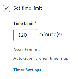 Image of the set time limit options in the timing and display section of the Edit Quiz Page.