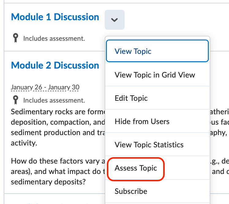The topic context menu (view topic, edit topic, view topic statistics, assess topic, unsubscribe, and delete) 