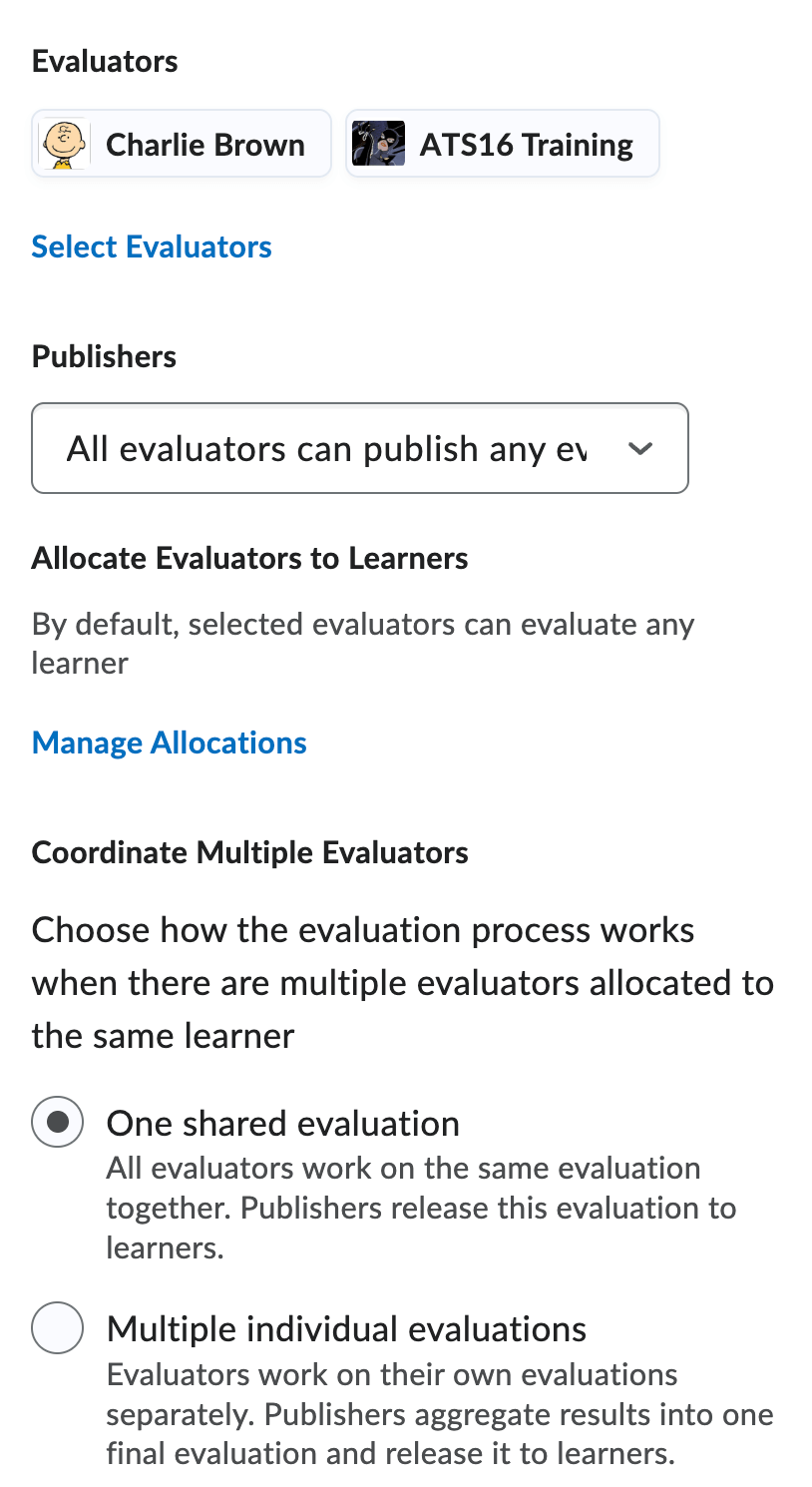 The evaluator options for a dropbox to assign evaluators and publishing priviledges