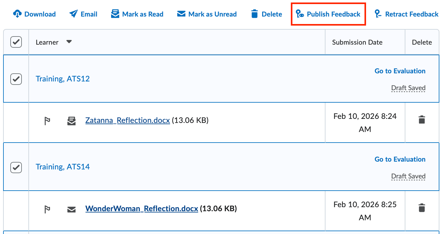 The submissions page with the top box above learner selected and the publish icon highlighted.