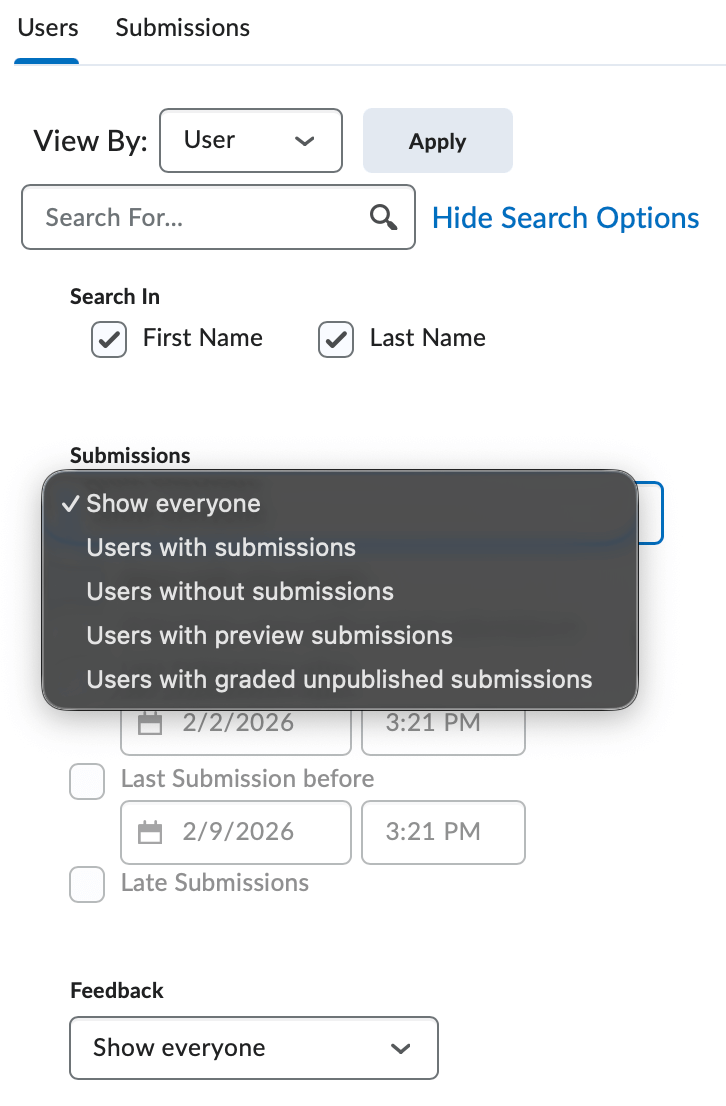 The submission view options for a dropbox