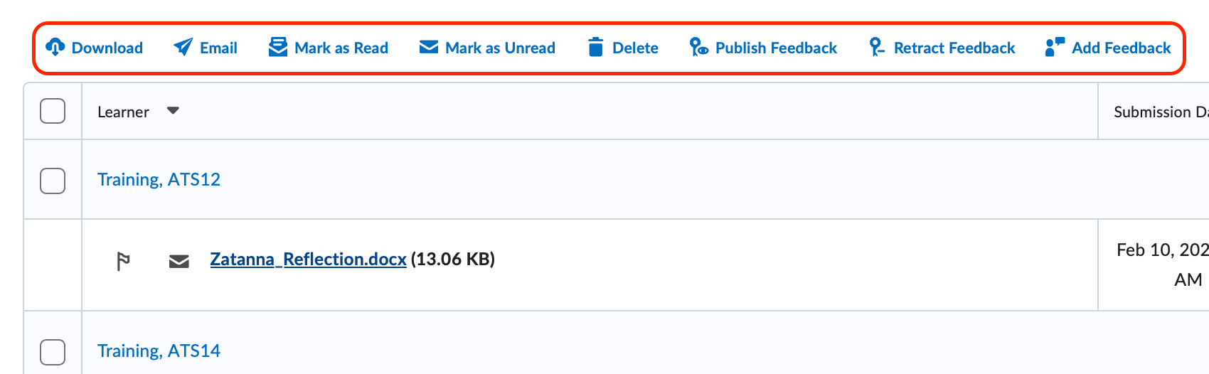 The submissions table with the action buttons highlighted