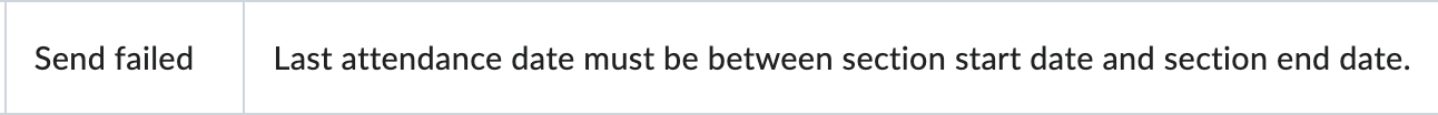 The send failed error message if a last attendance date must be entered for an item.
