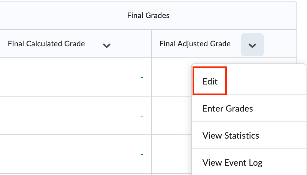 The final grade columns in the grade book with the dropdown menu expanded and edit highlighted.