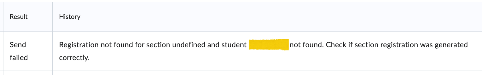 The error code stating the send failed and registration is not found for students in the export list.