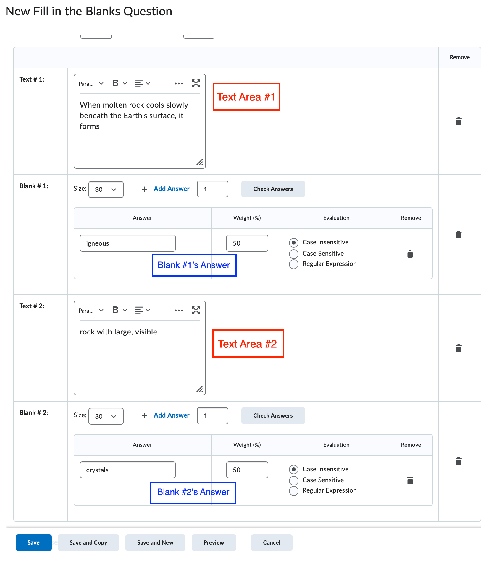 Example setup of an FIB question with the format TEXT|BLANK|TEXT where the blank would accept three different iterations of the same answer.