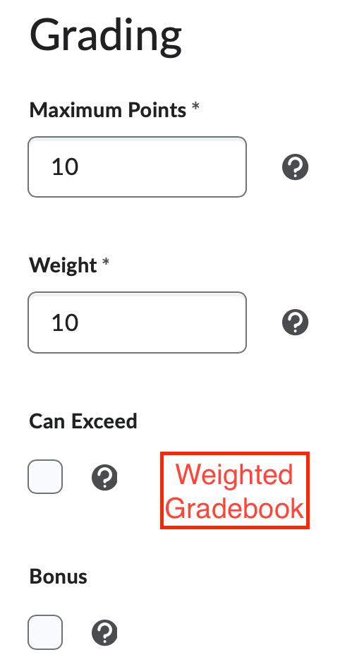 The grading options for a grade item within a weighted gradebook (Maximum points, weight, can exceed, and bonus)