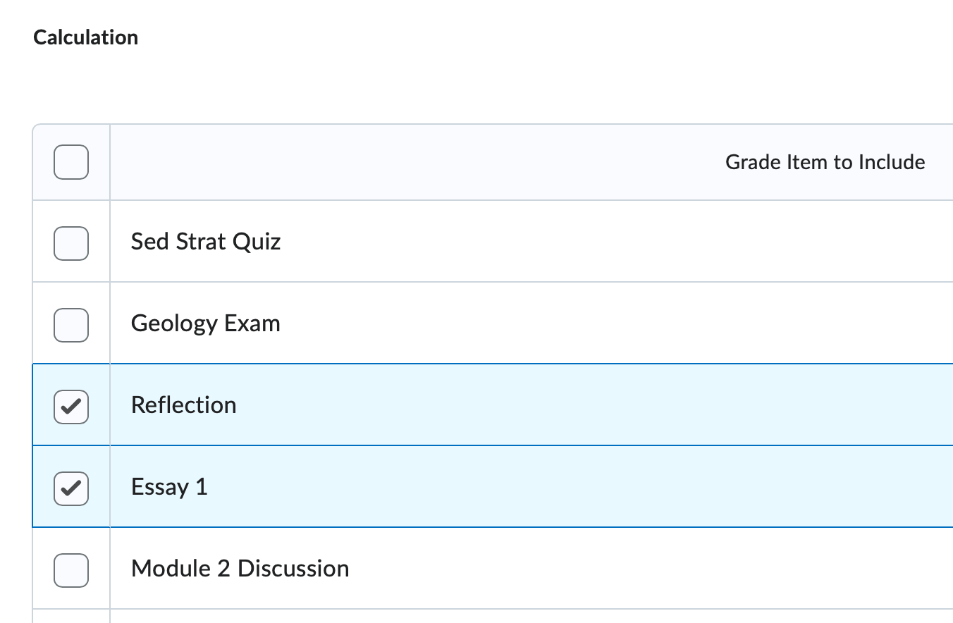 The items to select for a calculated grade item.
