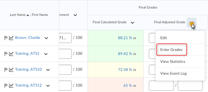 Image of the Enter Grades screen with the Final Adjust Grade's context menu displayed.