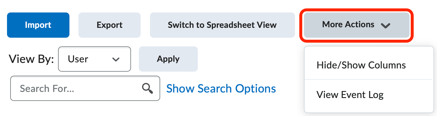 The more action buttons on the enter grades screen: import, export, switch to spreadsheet view, and more actions.