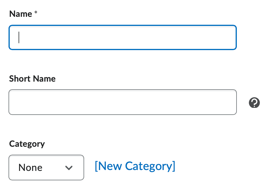 The grade item name, short name, and category fields
