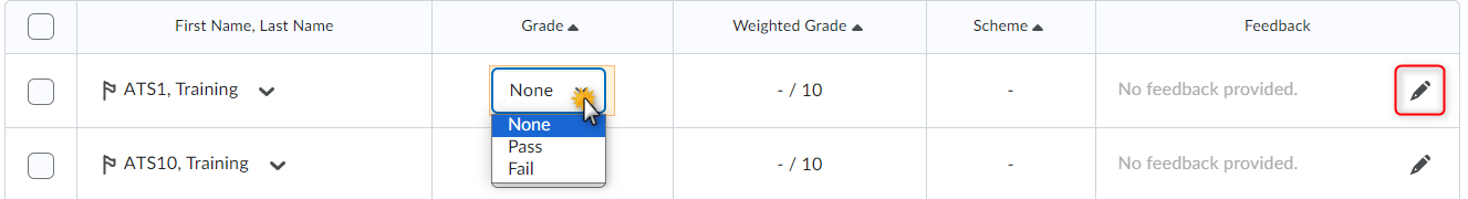 image of a Pass/Fail grade item open for grading with the grade column and feedback icons highlighted.