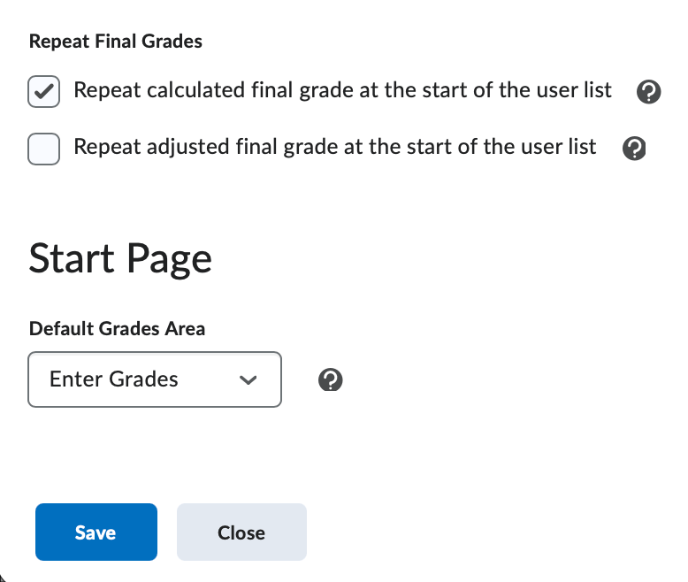 The gradebook setting that controls the final grade columns