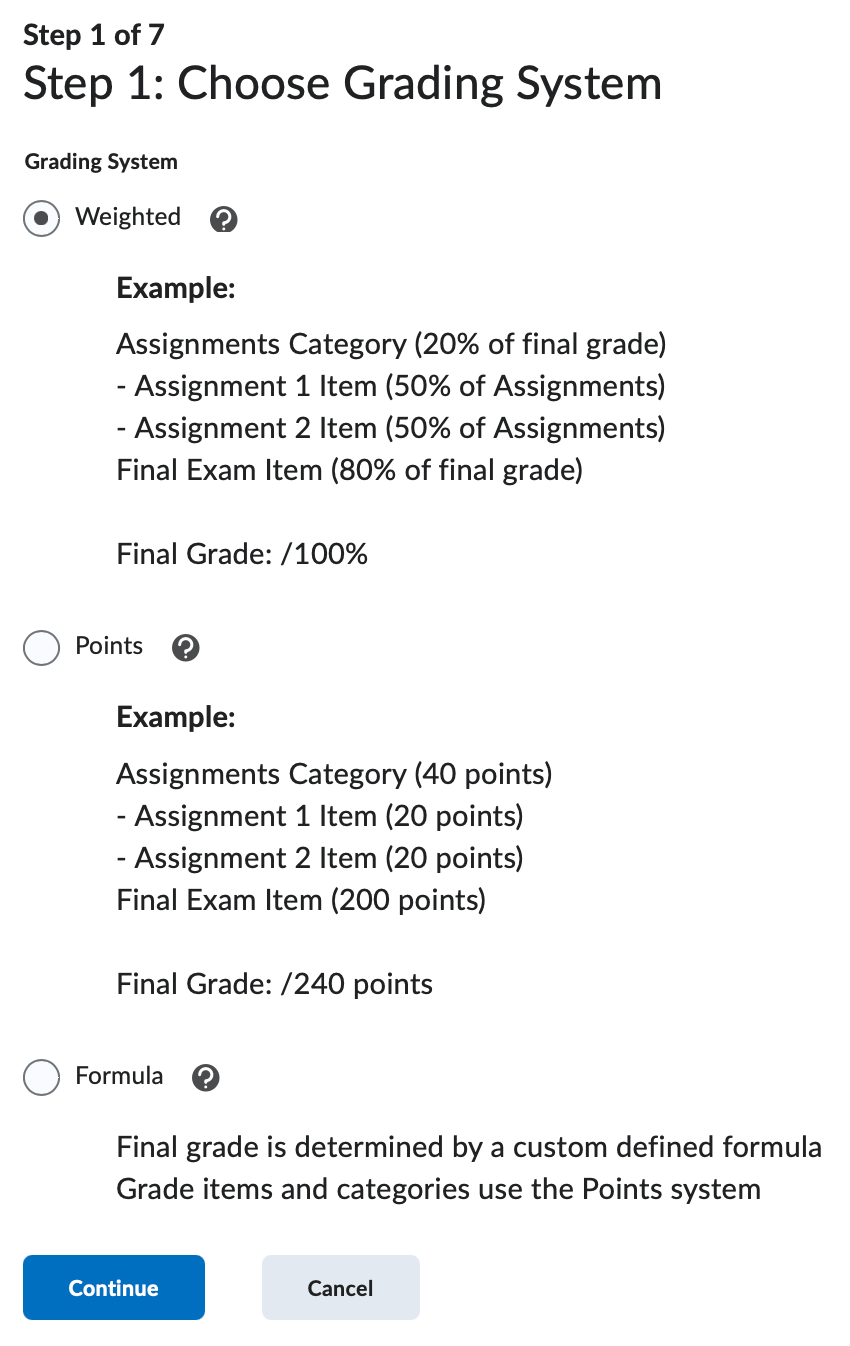 The first step of the grades setup wizard.