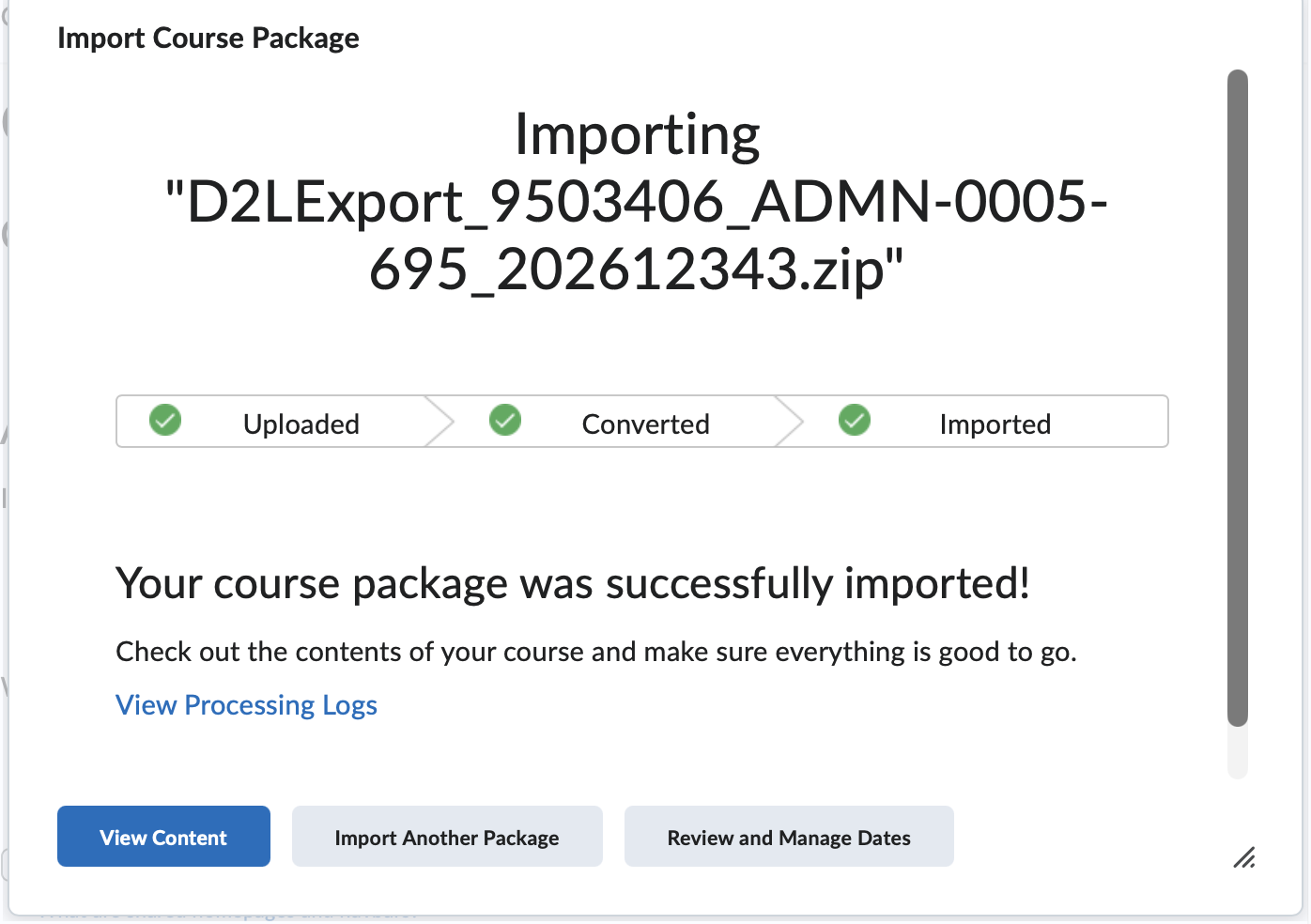 The completed screen to confirm importing of components.