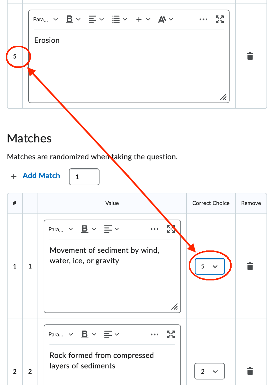 Example of the matches table with a correct answer