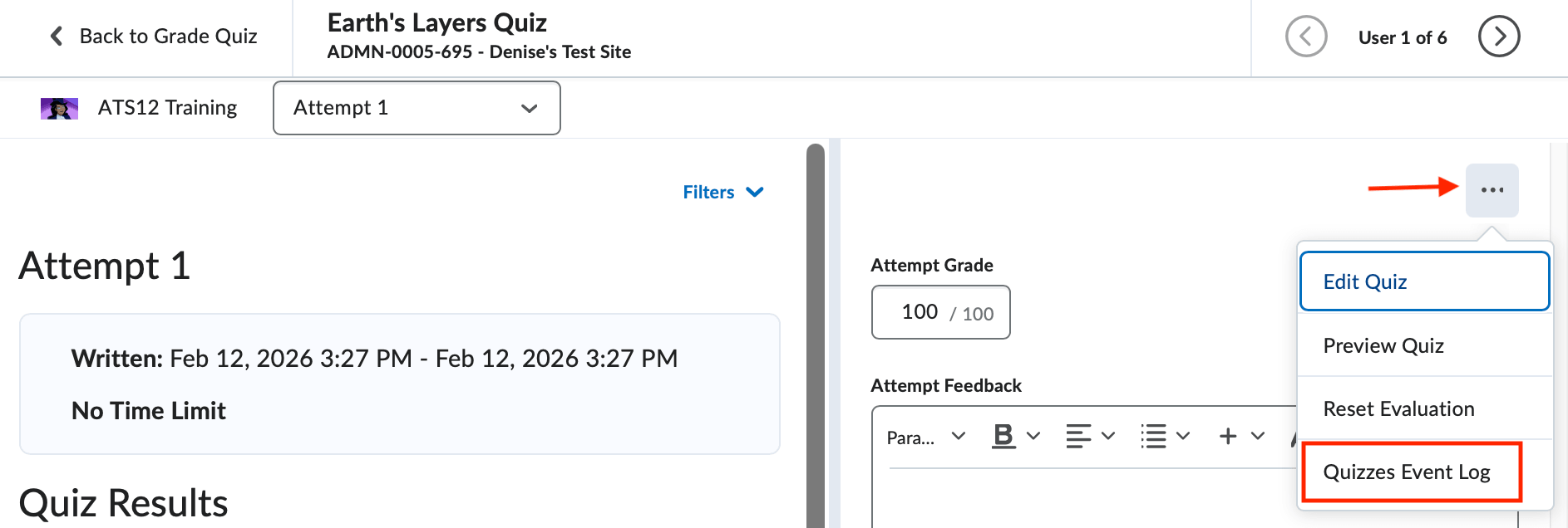 Quizzes event log location